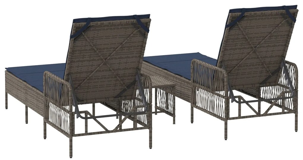 Espreguiçadeira Conjunto de 3 Cinza e azul-marinho Vime PE, metal