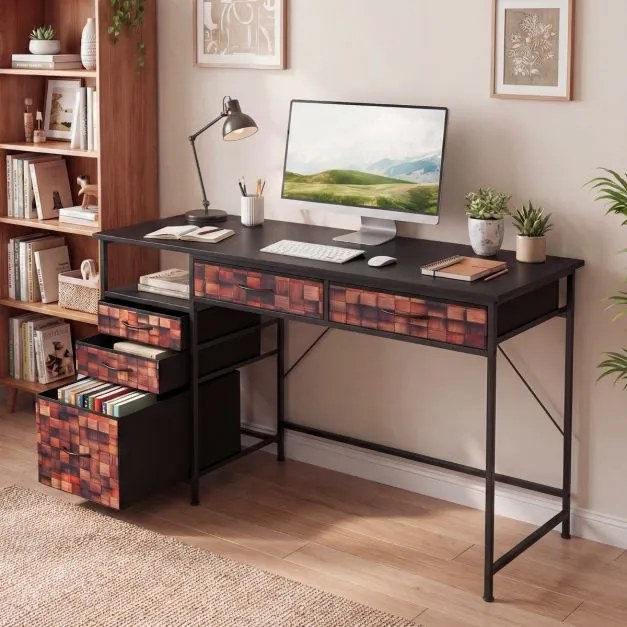 Secretária para computador 120 x 50 x 77 cm com prateleira e gavetas em tecido, estrutura metálica Castanha