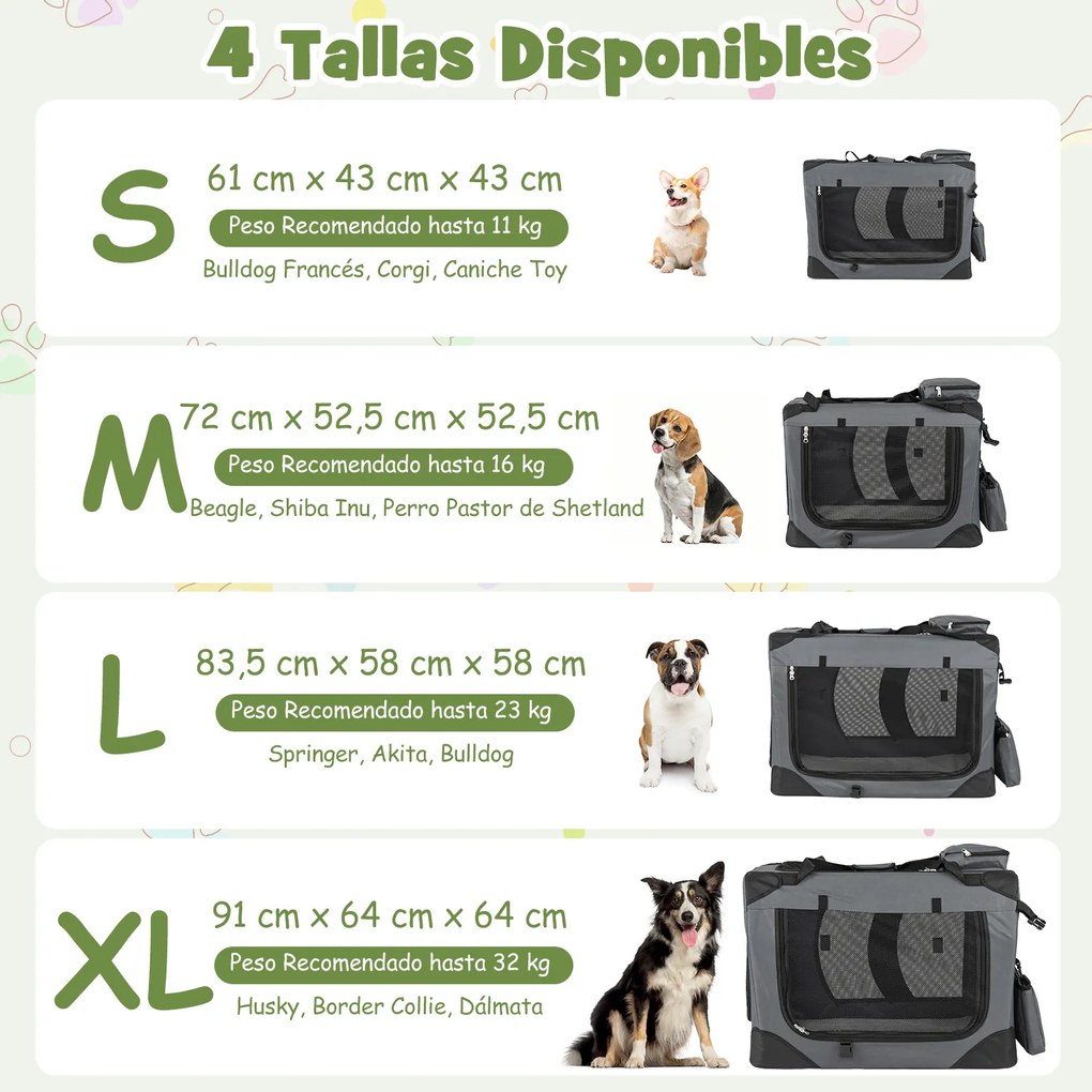 Transportadora dobrável tamanho S 61 x 43 x 43 cm para animais de estimação, com janelas de rede, 3 portas, cama felpuda e bolsos removíveis, para uso