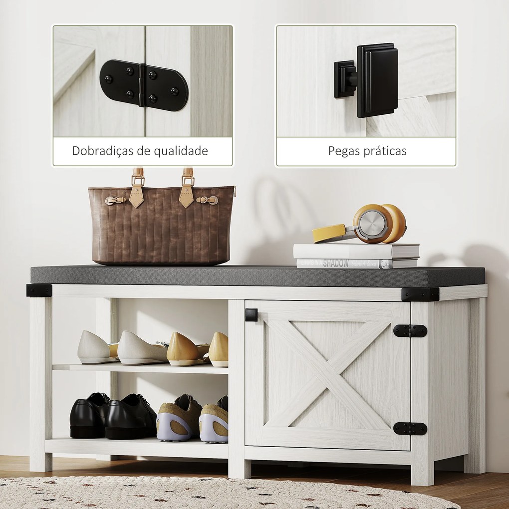 Banco Sapateira Rústico Organizador de Sapatos com Compartimentos para 7 Pares de Sapatos 100x40x48 cm Branco e Cinza