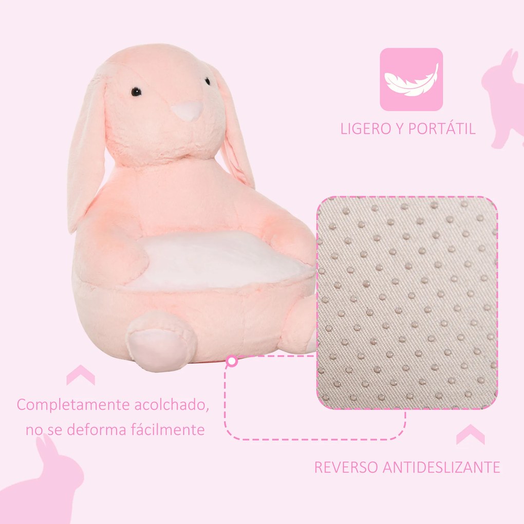 HOMCOM Sofá em forma de coelho para crianças acima de 18 meses com apoio de braços e almofada antiderrapante 60x50x59cm Rosa