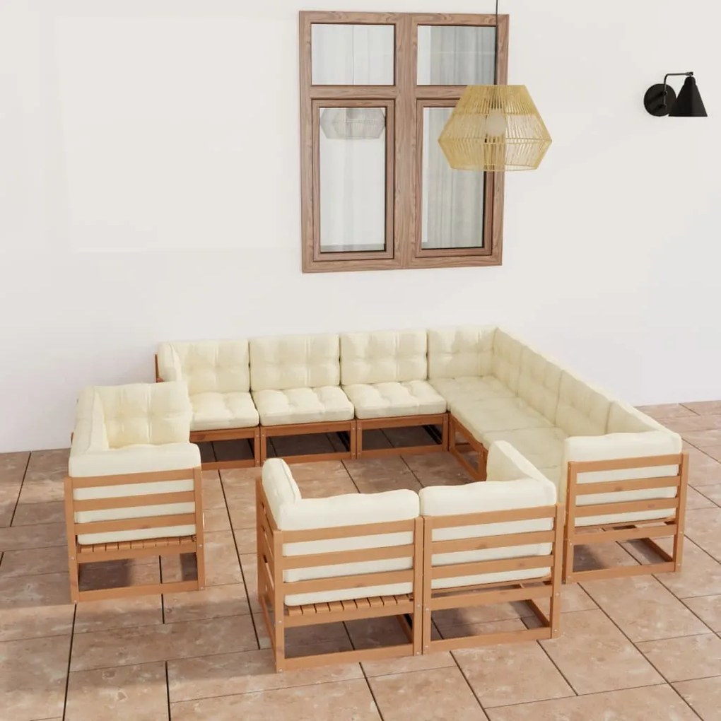 vidaXL 11pcs conj. lounge jardim almofadões pinho maciço castanho mel
