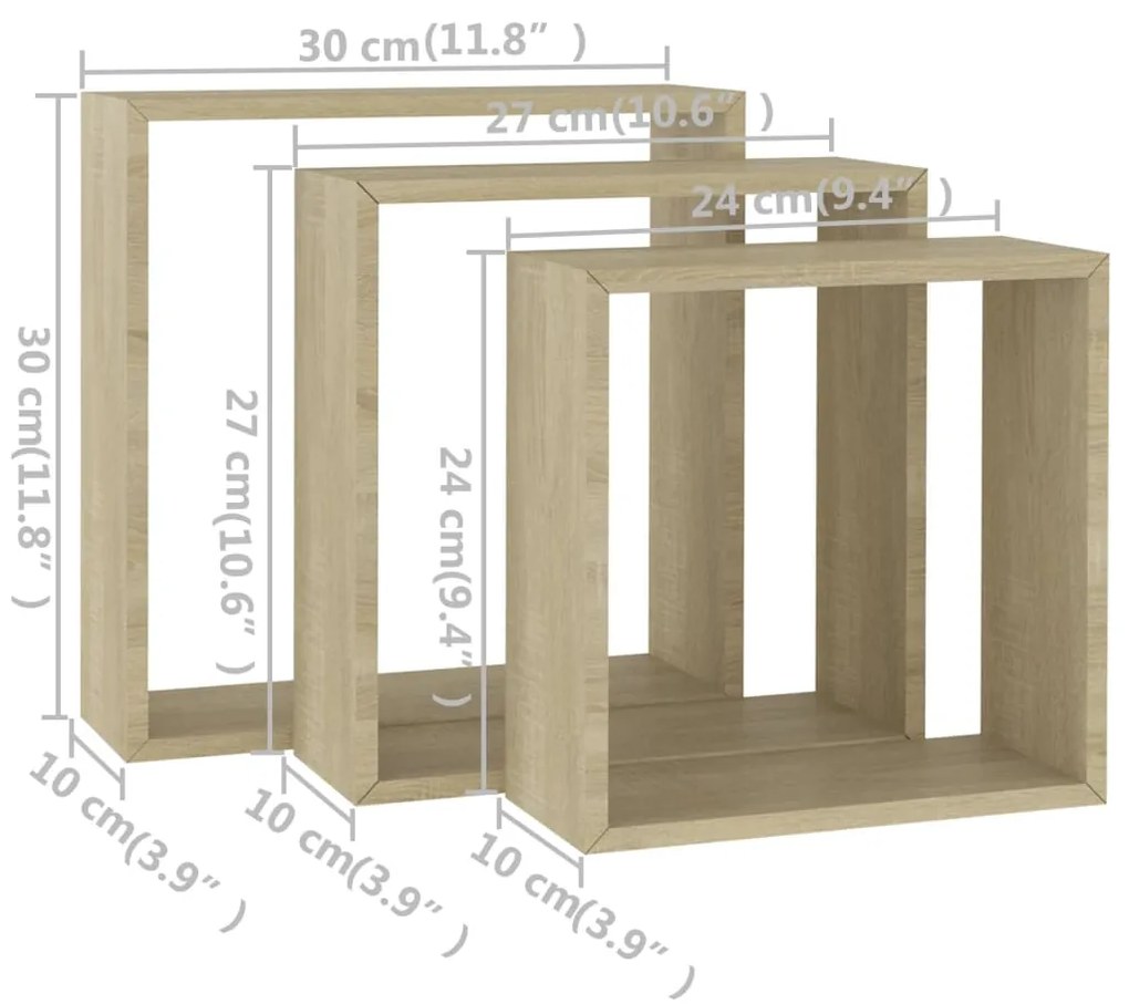 Prateleiras de parede forma de cubo 3pcs cm cor carvalho sonoma