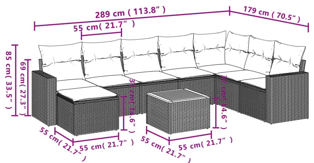 9 pcs conjunto sofás p/ jardim com almofadões vime PE cinzento