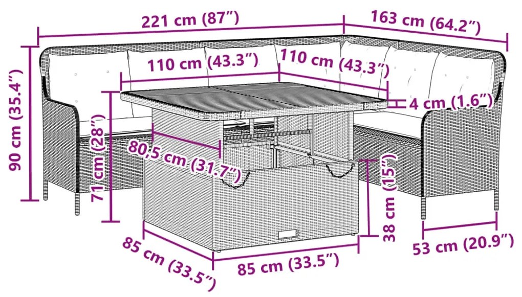 2 pcs conjunto de sofás p/ jardim com almofadões vime PE bege