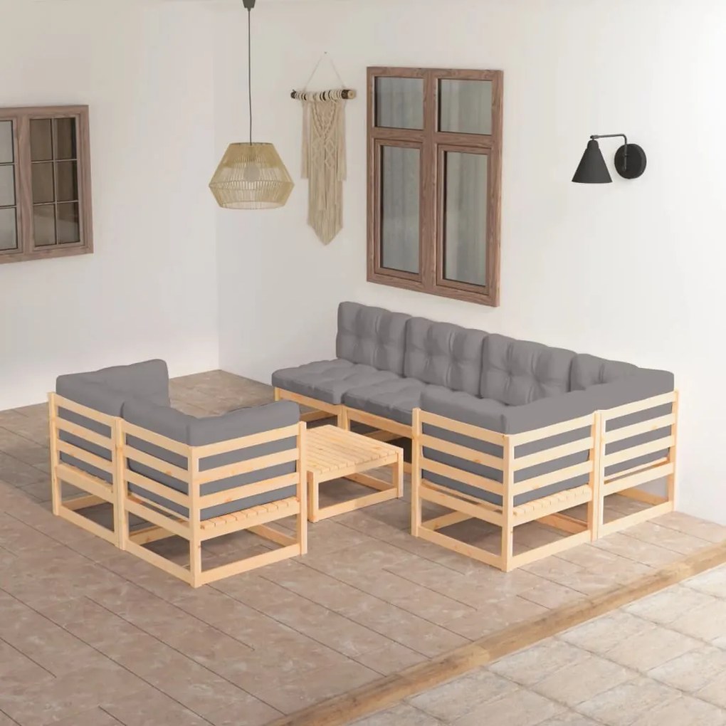 8 pcs conjunto lounge de jardim c/ almofadões pinho maciço