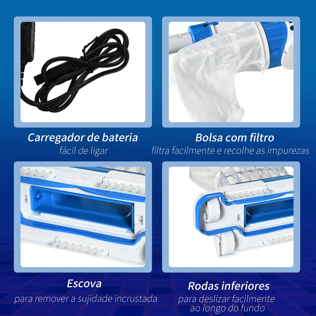 Outsunny Aspirador Limpador para Piscina Elétrico Autonomia de 45 Minutos com Poste Telescópico 54-113cm Escova e Bolsa de Malha para Piscinas Spas 161x20x17cm Azul e Branco