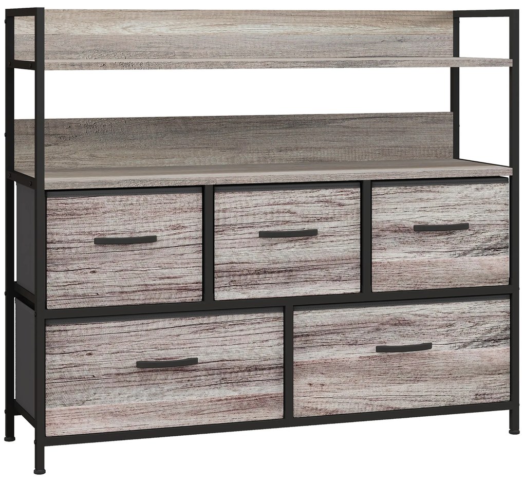 HOMCOM Móvel de Armazenamento Estilo Industrial Cómoda 5 Gavetas em Tecido Dobráveis e Removíveis e Prateleiras 98x29x85 cm | Aosom Portugal