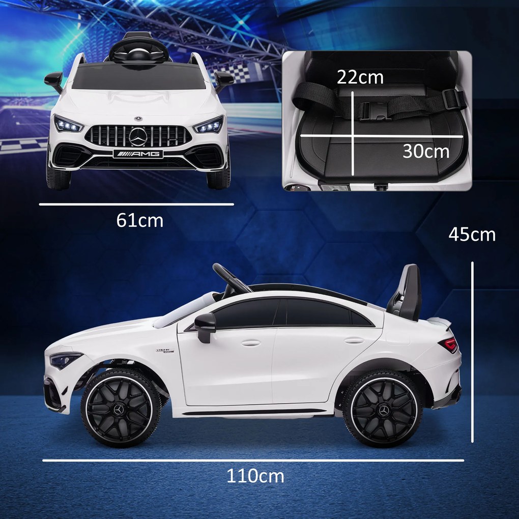 Carro Elétrico para Crianças Carro Mercedes AMG CLA 45 com Bateria 12V Faróis LED Buzina e Música 110x61x45 cm Branco