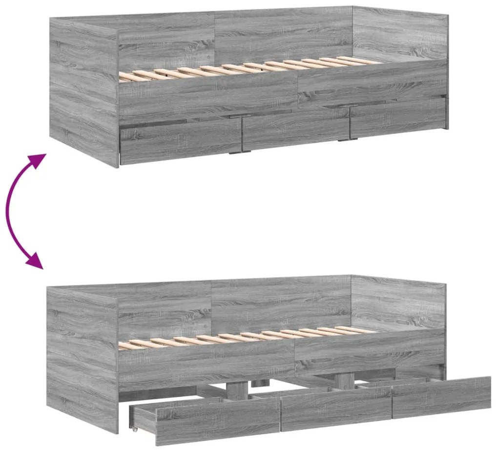 Sofá-cama com gavetas sem colchão 90x200 cm cinzento sonoma