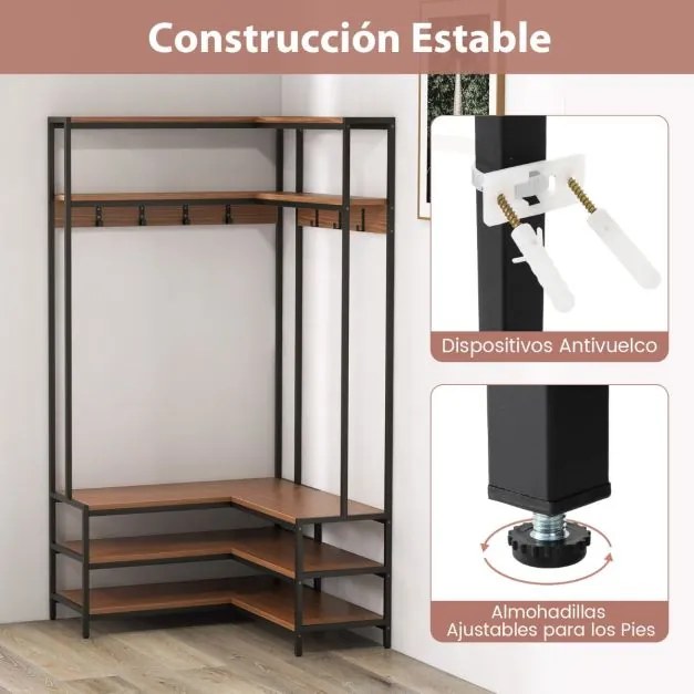 Guarda roupa aberto, móvel entrada de canto com prateleiras abertas e ganchos Banco para sapatos Estrutura metálica sólida 90 x 90 x 178 cm Cor Noguei