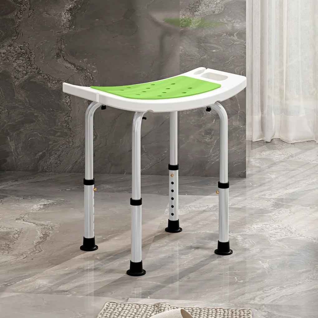 Assento de duche ajustável em altura; banco de duche ergonómico; pés antiderrapantes; carga máxima de 135 kg; alumínio e HDPE; verde