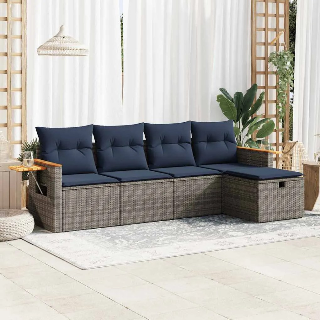 5 pcs conjunto sofás de jardim c/ almofadões vime PE cinzento