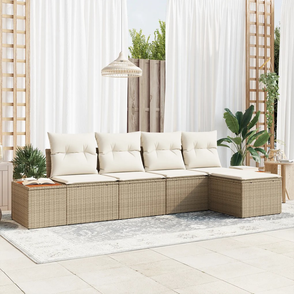 Conjunto de Sofás Modular de 5 Peças com Almofadas em Bege Polirattan Acácia