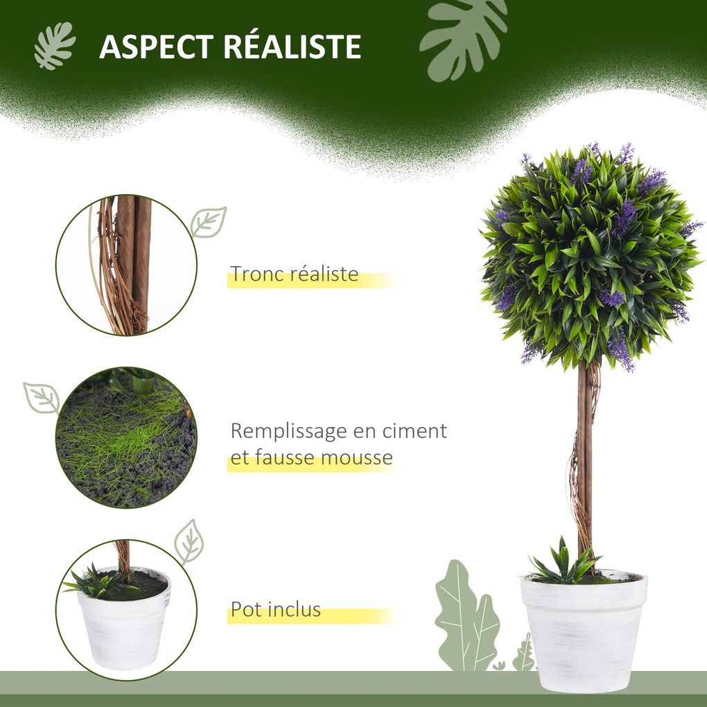 Conjunto de 2 plantas artificiais com flores de lavanda, incluindo tronco e vaso - altura 60 cm, verde