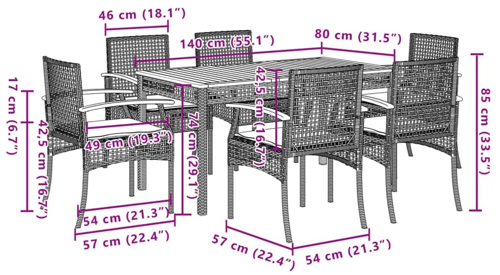 7 pcs conjunto de jantar p/ jardim c/ almofadões vime PE cinza
