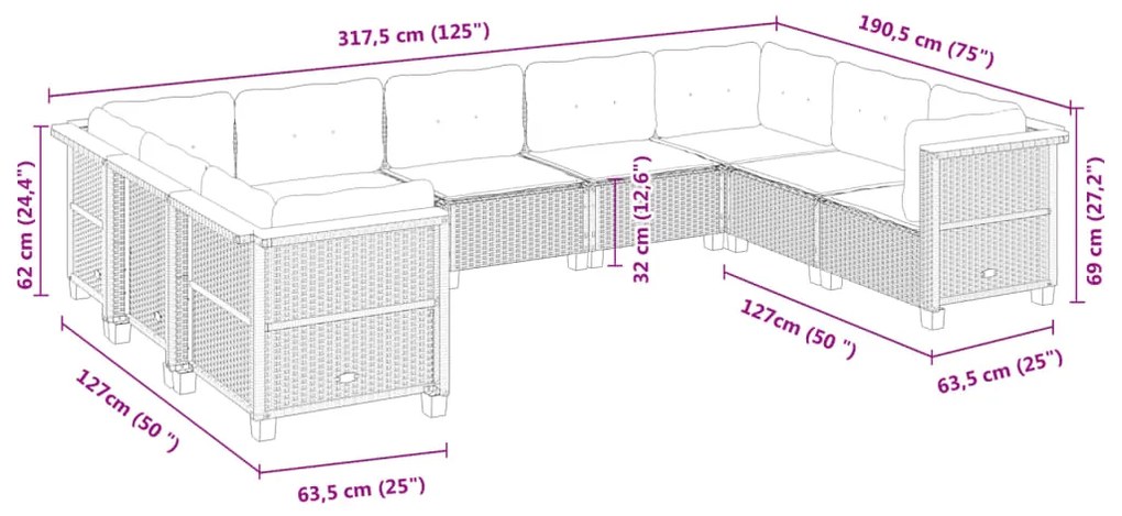 9 pcs conjunto de sofás p/ jardim c/ almofadões vime PE preto