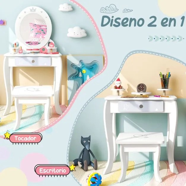 Conjunto de Toucador Infantil de Madeira 2 em 1 com Banco e Espelho Destacável com Gaveta Mesa de Maquilhagem para Raparigas com Cadeira Branco
