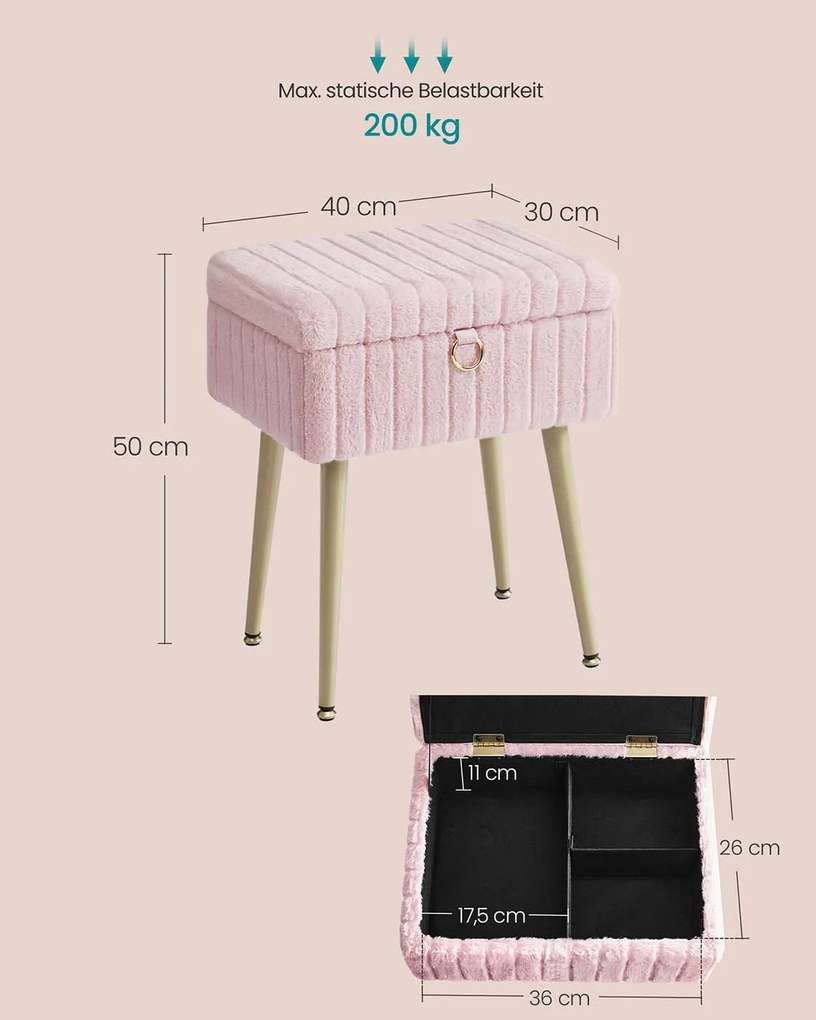 Banco toucador com espaço de arrumação 30 x 40 x 50 cm estofado Rosa