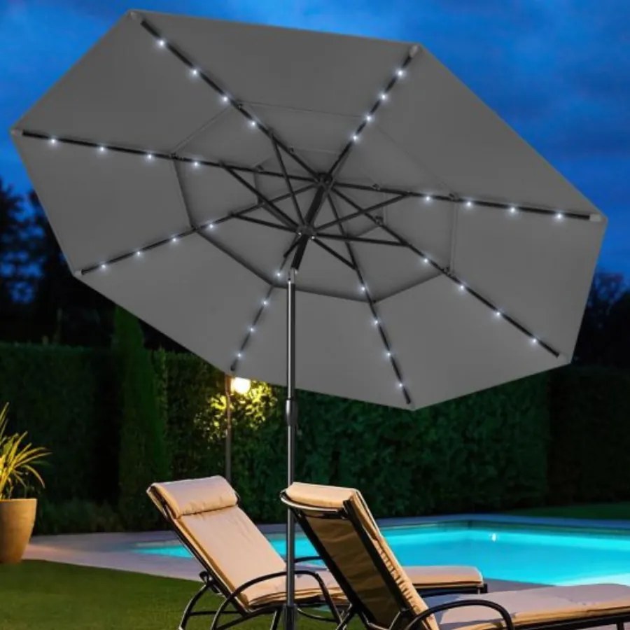 Guarda-sol Jardim de 313 cm com 32 luzes LED Teto ventilado de 3 níveis Ajuste de inclinação Cinzento