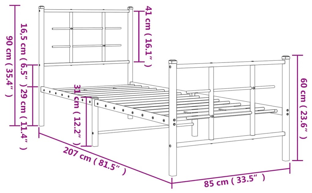 Estrutura de cama com cabeceira e pés 80x200 cm metal branco