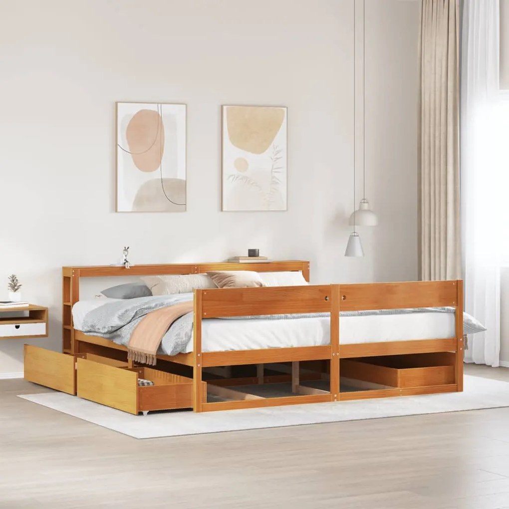 Cama sem colchão 200x200 cm pinho maciço castanho-mel