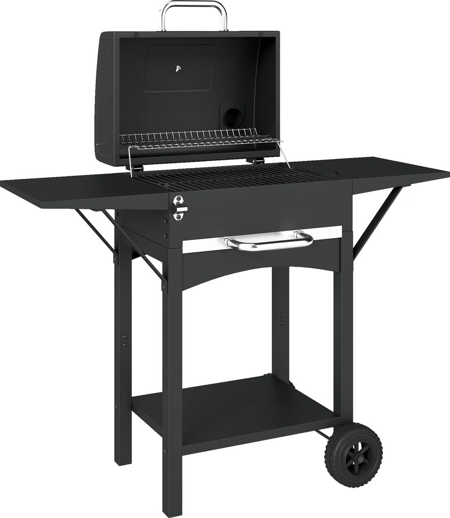 Outsunny Churrasqueira a carvão com tampa, BBQ Smoker com 2 mesas laterais Grande área de grelha Grelha Termómetro Rodas | Aosom Portugal