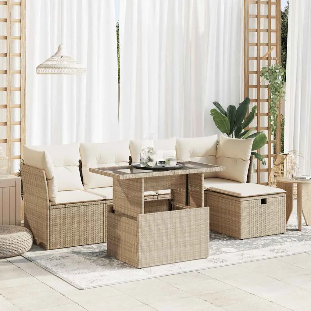 vidaXL 6 pcs conjunto de sofás p/ jardim com almofadões vime PE bege