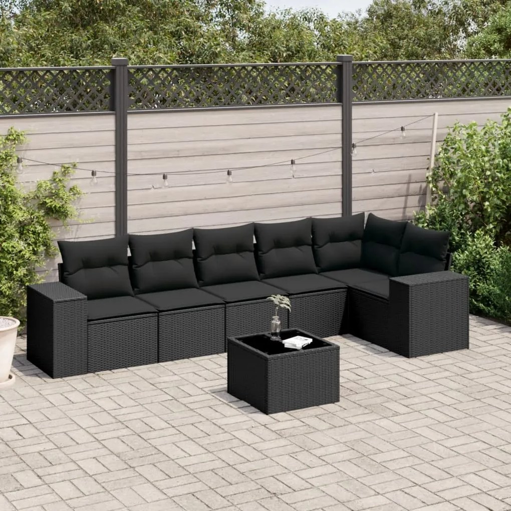 7 pcs conjunto de sofás p/ jardim c/ almofadões vime PE preto