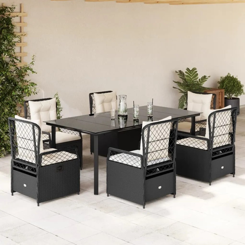 vidaXL 7 pcs conjunto de jantar p/ jardim c/ almofadões vime PE preto