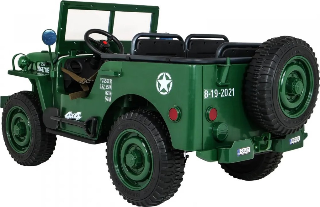 Jipe elétrico para Crianças 3 Lugares Retro Military 24V 4x4 Rodas Espuma EVA, assento couro ecológico Verde