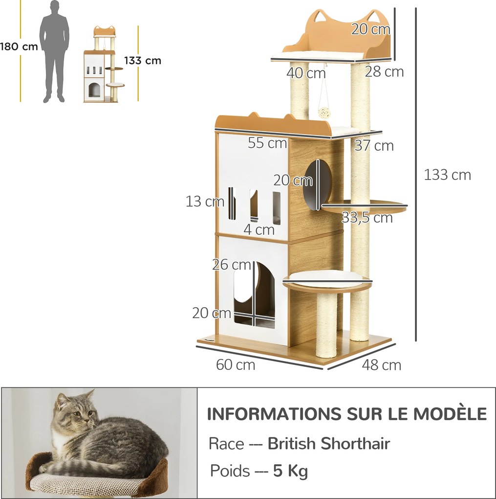 Arranhador para gatos com design contemporâneo 60 x 48 x 133 cm , com arranhadores, plataformas e 5 almofadas de sisal natural, castanho, branco