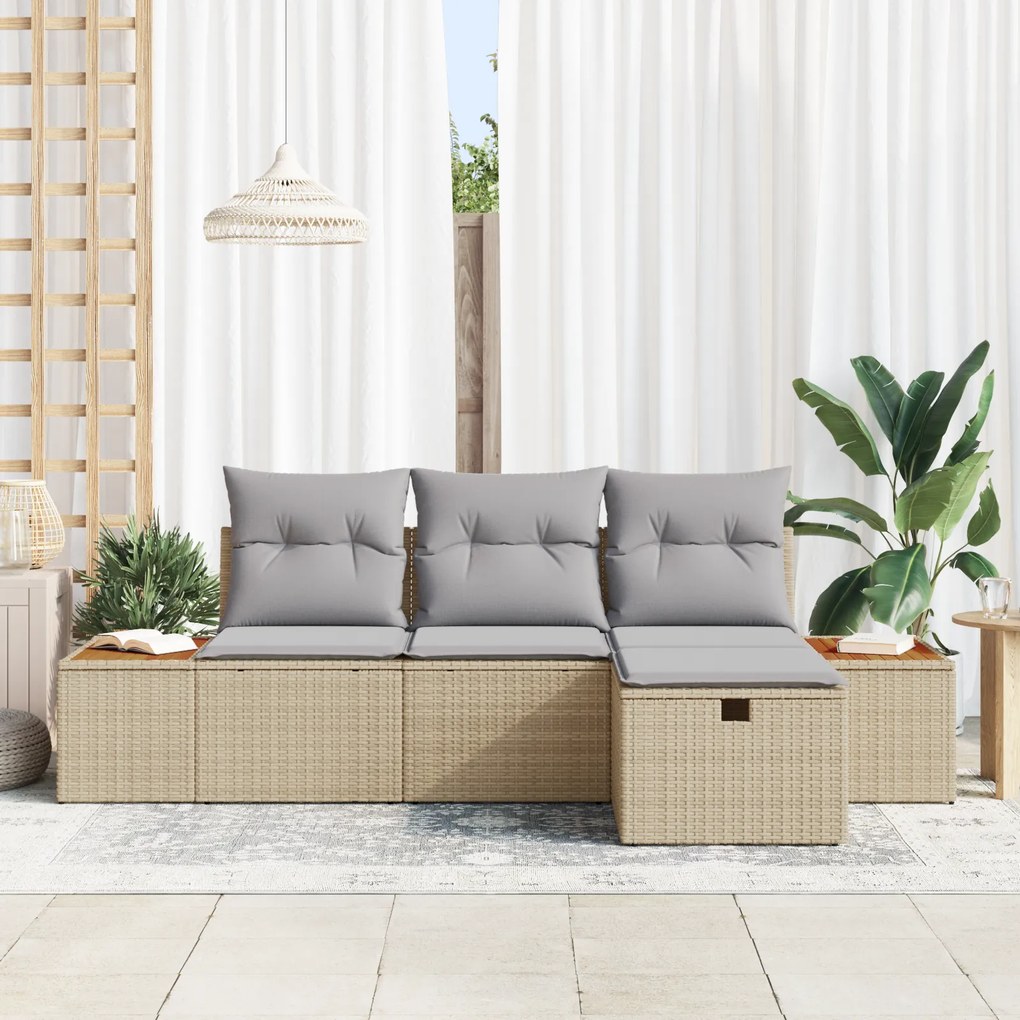Conjunto de Sofá de Jardim de 4 Peças com Almofadas Bege Rattan Poli