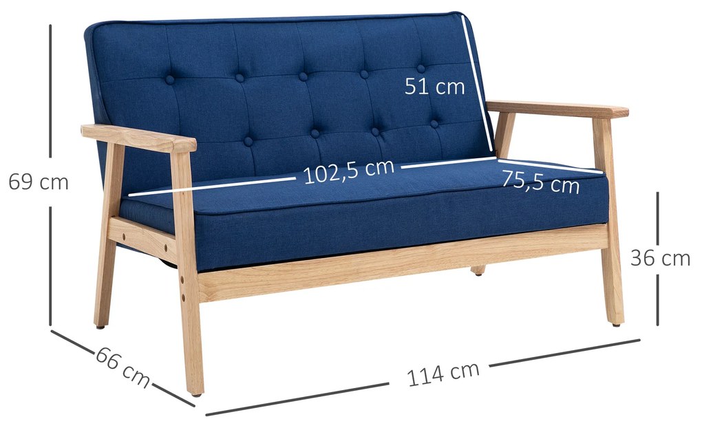 HOMCOM Sofá de 2 Lugares com Encosto e Almofadas Acolchoados Pés de Madeira Antiderrapantes para Sala de estar Dormitório Oficina 114x61x71 cm Azul