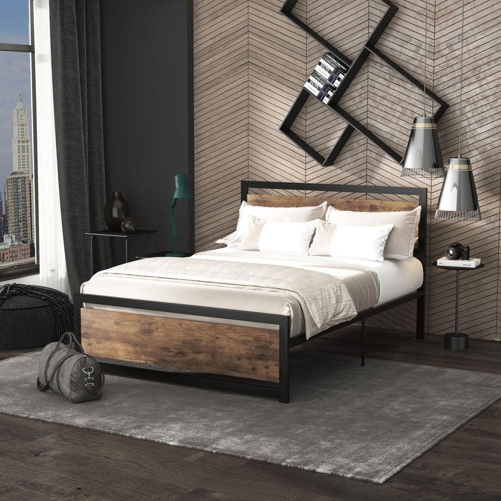 Estrutura de cama de casal em aço com base de cama e cabeceira, compatível com colchões de 190 x 140 cm (NÃO INCLUÍDO), com acabamento em madeira escu