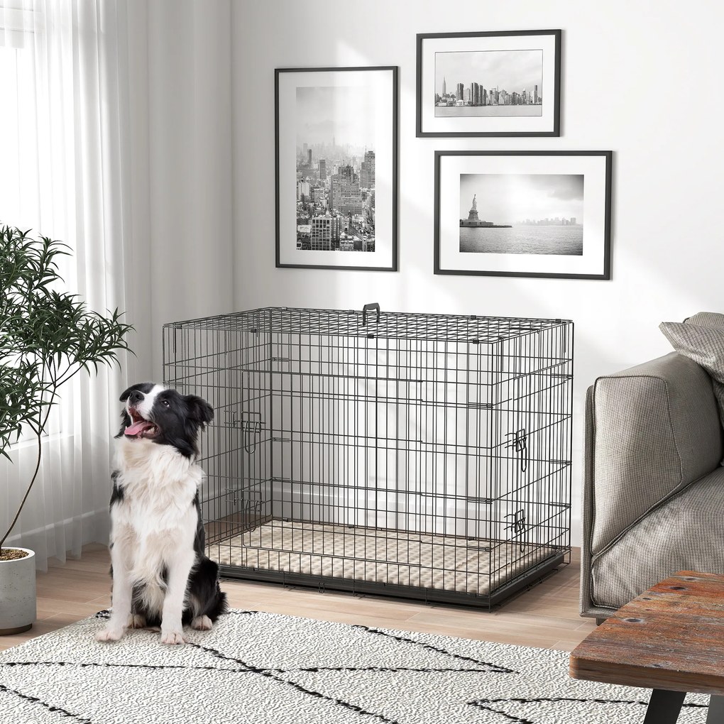 Gaiola de transporte dobrável para cães com pega, tabuleiro removível e almofada incluída – 105 x 70 x 75 cm – preta