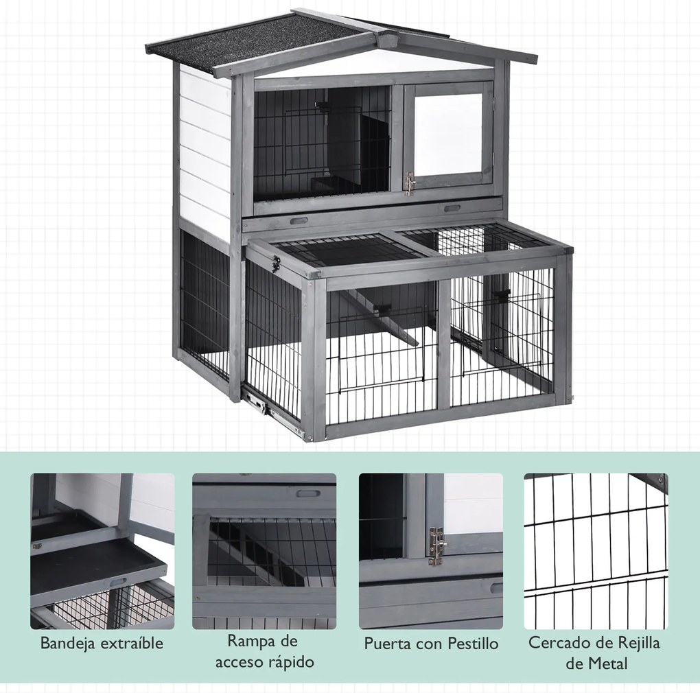 PawHut Coelheira de Exterior de Madeira de 2 Níveis Gaiola para Coelhos e Animais Pequenos com Teto Asfástico Zona Aberta Bandeja Removível e Rampa 101,5x90x100cm Cinza