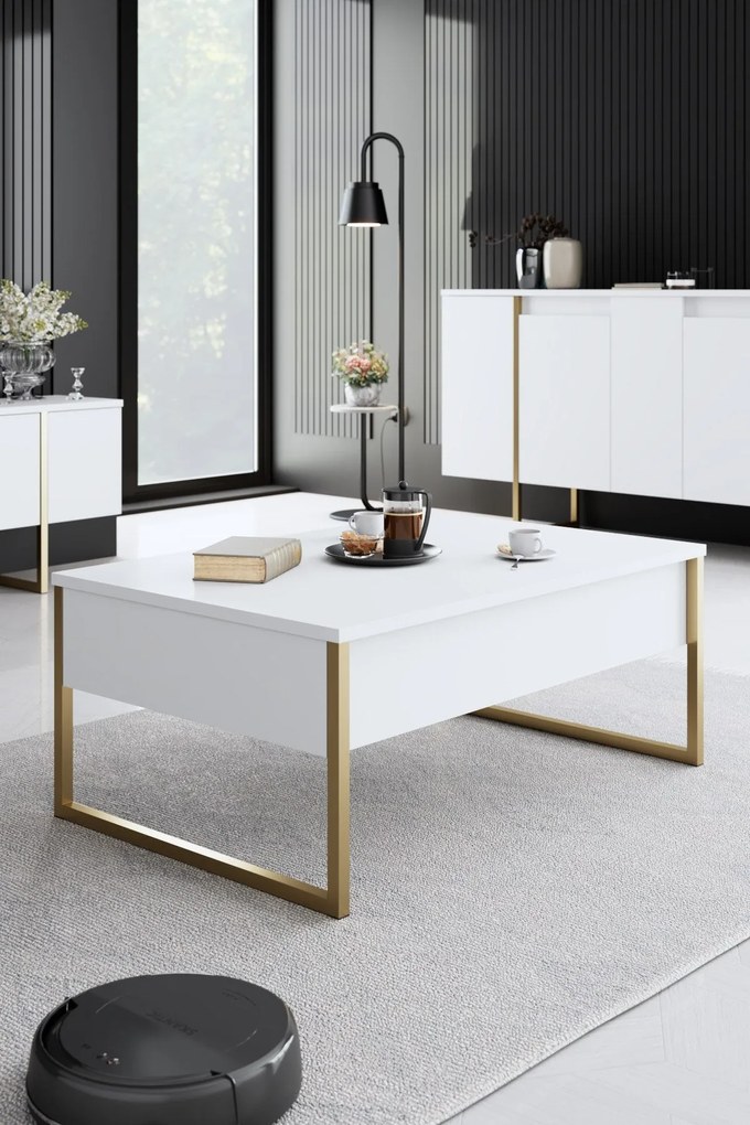 Conjunto de Mobiliário de Sala de Estar Luxe – Branco e Dourado – Cons