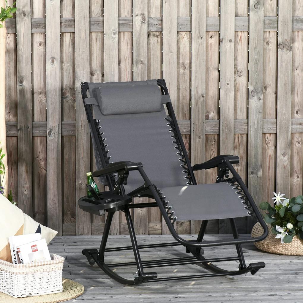 Outsunny Cadeira de balanço de jardim dobrável Espreguiçadeira reclinável com toldo de proteção solar Apoio de cabeça e apoio para pés removíveis Estrutura de aço 120x67x102 cm Cinza