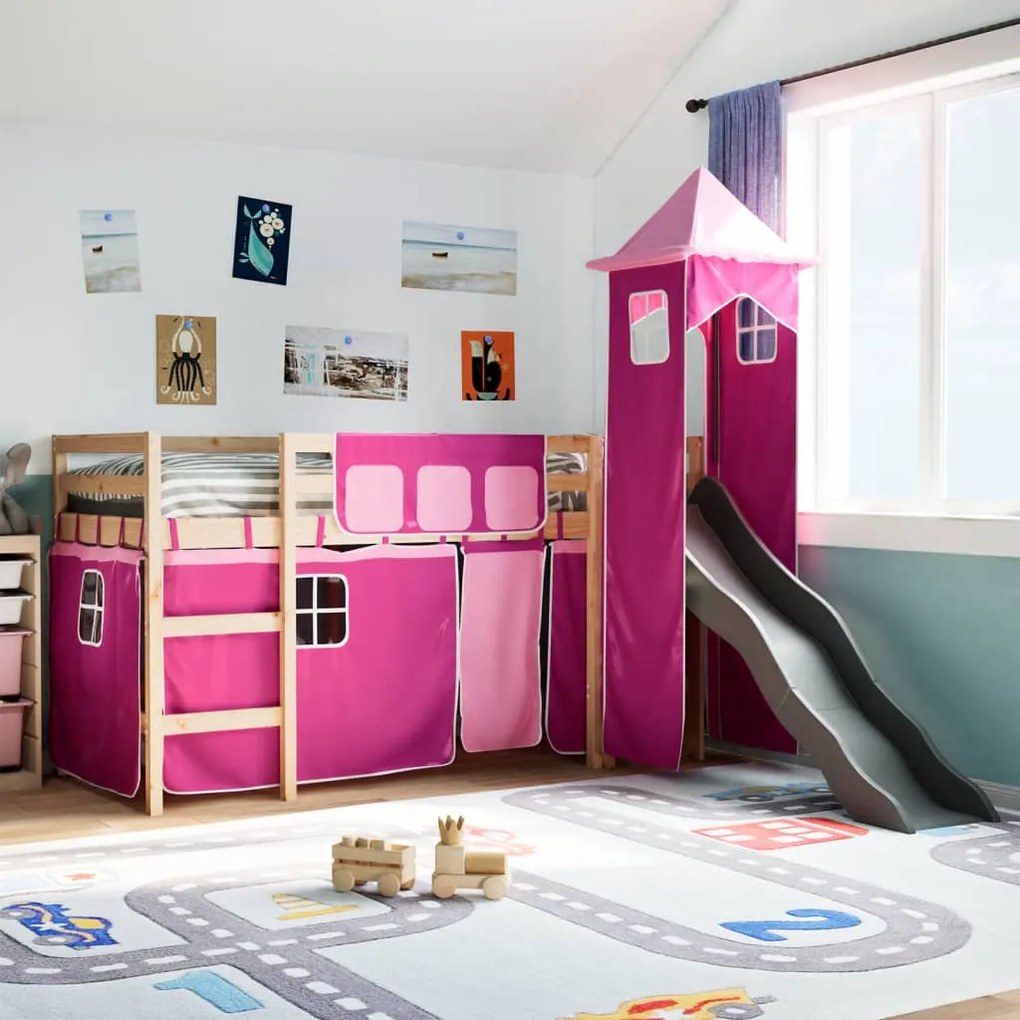 vidaXL Cama alta para criança com torre 90x190 cm pinho maciço rosa
