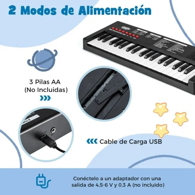 Teclado de piano para crianças elétrico portátil de 37 teclas com 8 ritmos, 8 tons e 22 demos Instrumento musical eletrónico Preto