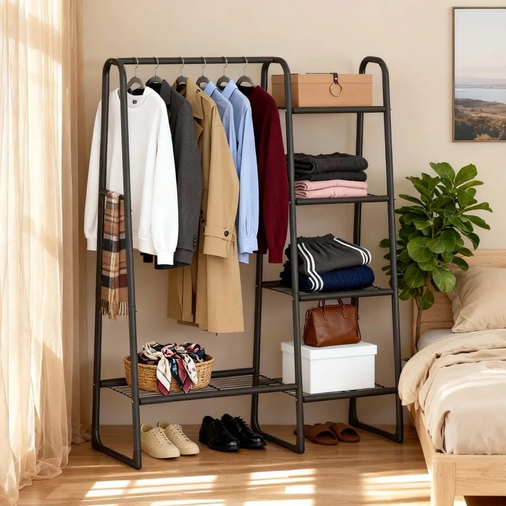 Guarda-roupa aberto, cabideiro com 5 prateleiras em metal 40 x 101,7 x 153,3 cm preto