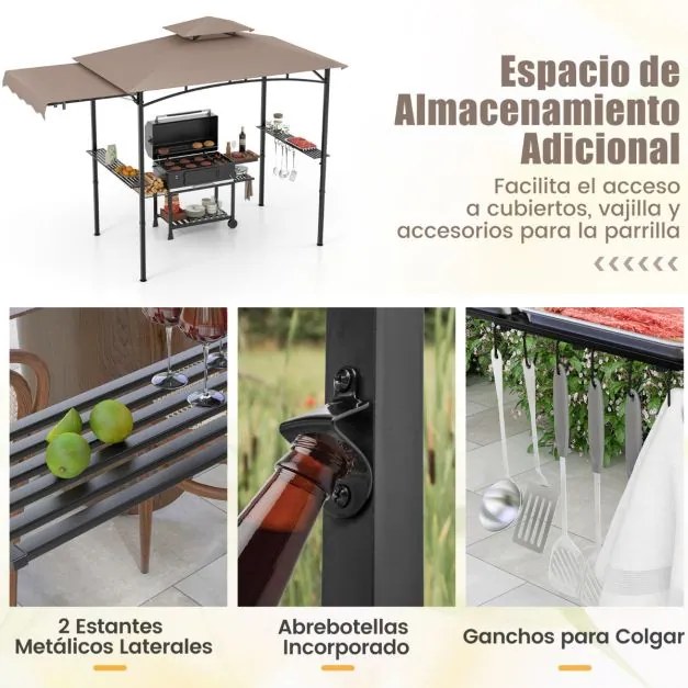 Tenda para Churrasco (Não Incluido) com grelha de 318 x 153 cm Toldo lateral Parte superior de 2 níveis 2 prateleiras laterais Estrutura em metal Cast