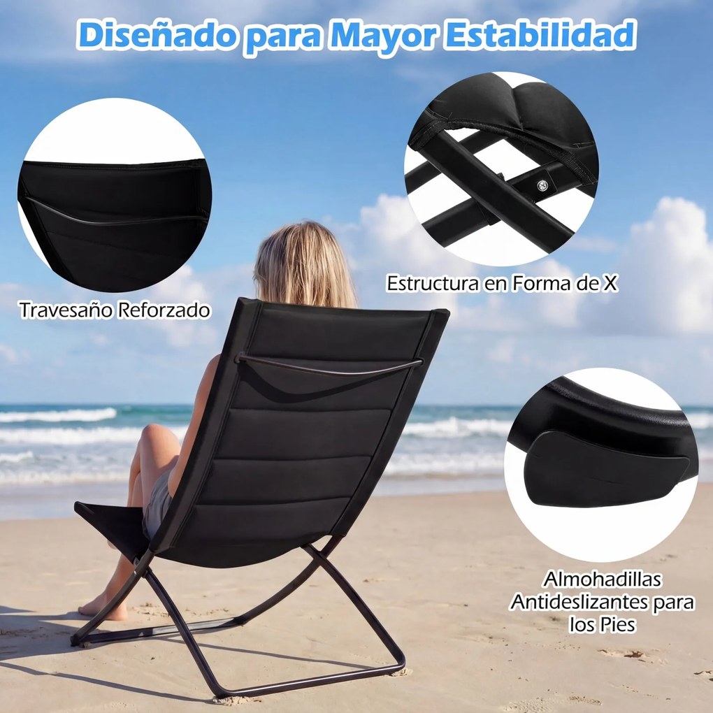 Conjunto de 2 Cadeiras de Praia Dobráveis, 90 x 57 x 87 cm, Assentos Acolchoados, Preto
