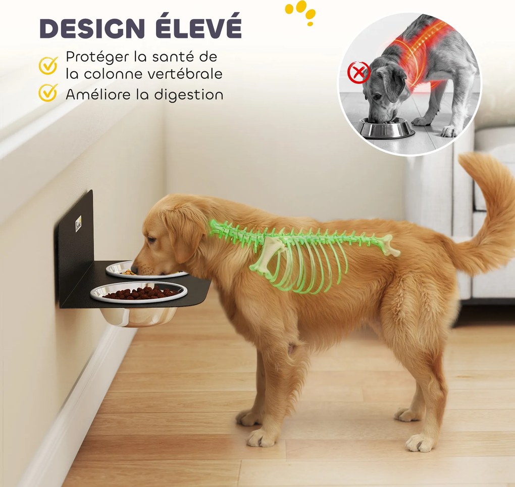 Conjunto de 2 Taças para Cão de Parede, 42 x 23,5 x 14 cm, Altura Regulável, Preto
