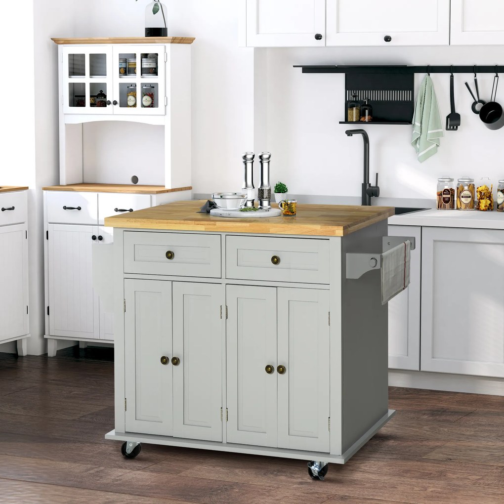 Carrinho Ilha de Cozinha com Rodas 2 Gavetas 4 Portas Suporte para Temperos e Barra Lateral 111x44,5x82,5 cm Cinzento e Madeira