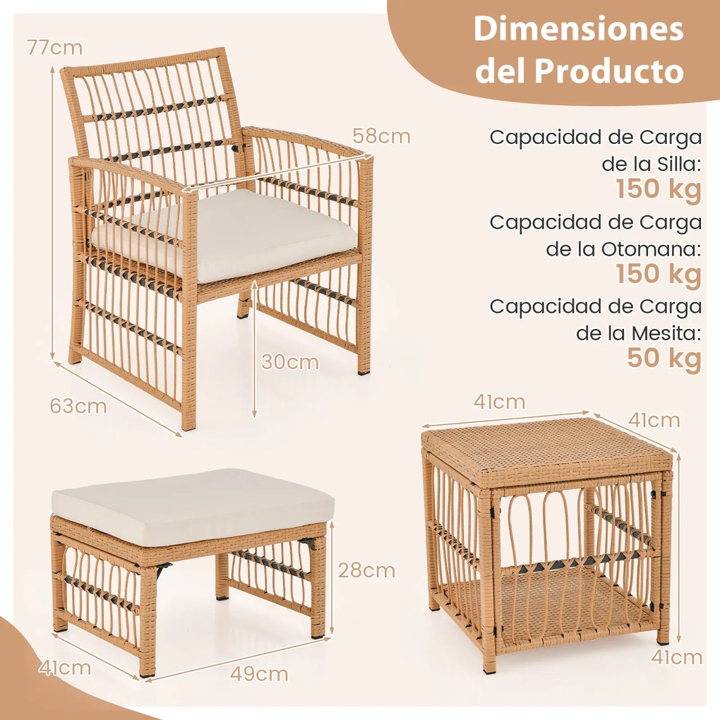 Conjunto de jardim exterior de 5 peças: mesa e cadeiras de rattan PE com almofadas macias, mesa de centro de 2 níveis e 2 Pufes, cor natural e almofad