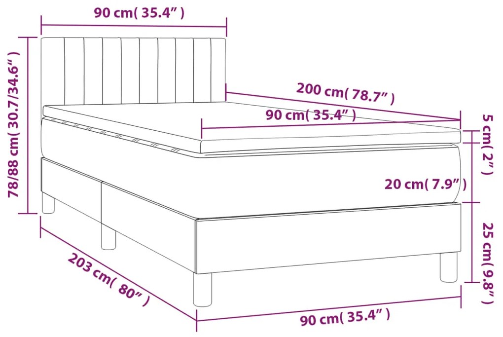 Cama box spring c/ colchão e LED 90x200 cm tecido cinza-claro