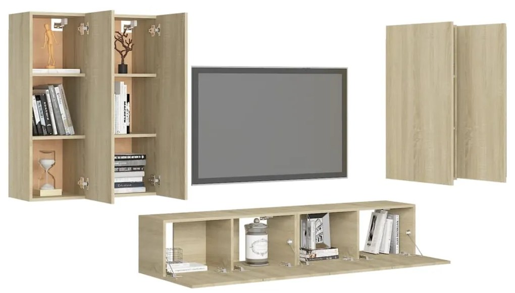 6pcs conjunto de móveis de TV derivados madeira carvalho sonoma