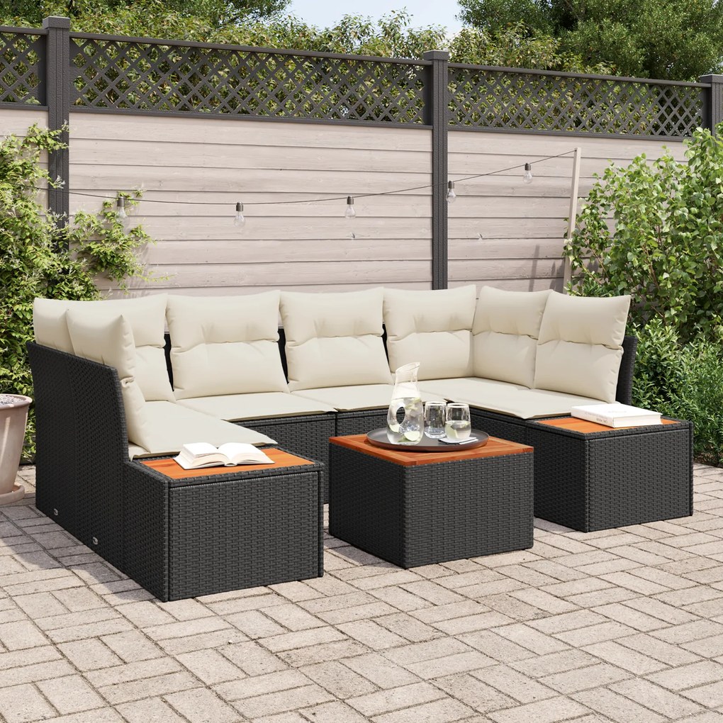 Conjunto de Sofá de Jardim vidaXL de 6 peças com Almofadas Preto Polyrattan Acácia